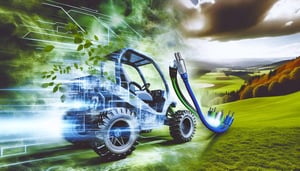 The image shows an evocative and emotional scenario about how electrification of offroad machinery leads to A greener, smarter future at the intersect